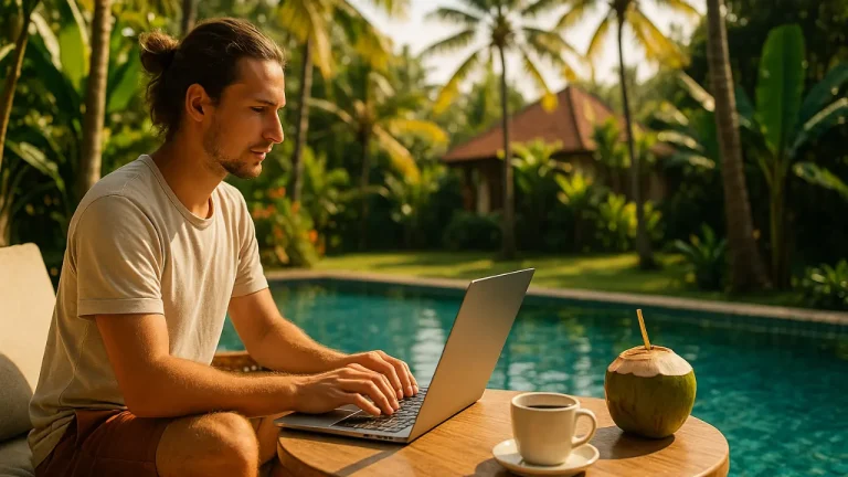 Remote worker using laptop in Bali near pool with tropical background