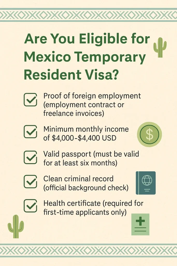 🇲🇽 Mexico Temporary Resident Visa for Remote Workers – 2025 Guide 2 Infographic showing a checklist of eligibility requirements for the Mexico Temporary Resident Visa in 2025, including employment, income, passport, and background check.